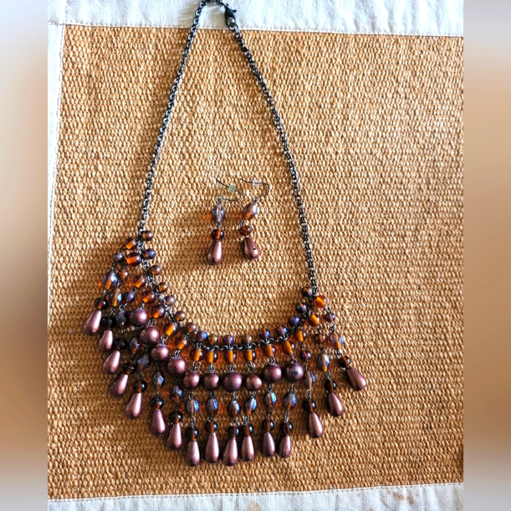 Bronze Beaded Statement Necklace and Earrings Set